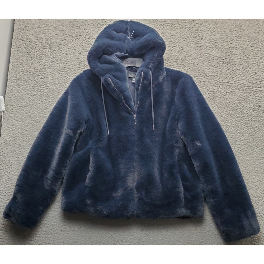 Rachel Zoe Faux Fur Jacket Mens M Navy Lined Fuzzy Hooded Drawstring Full Zip